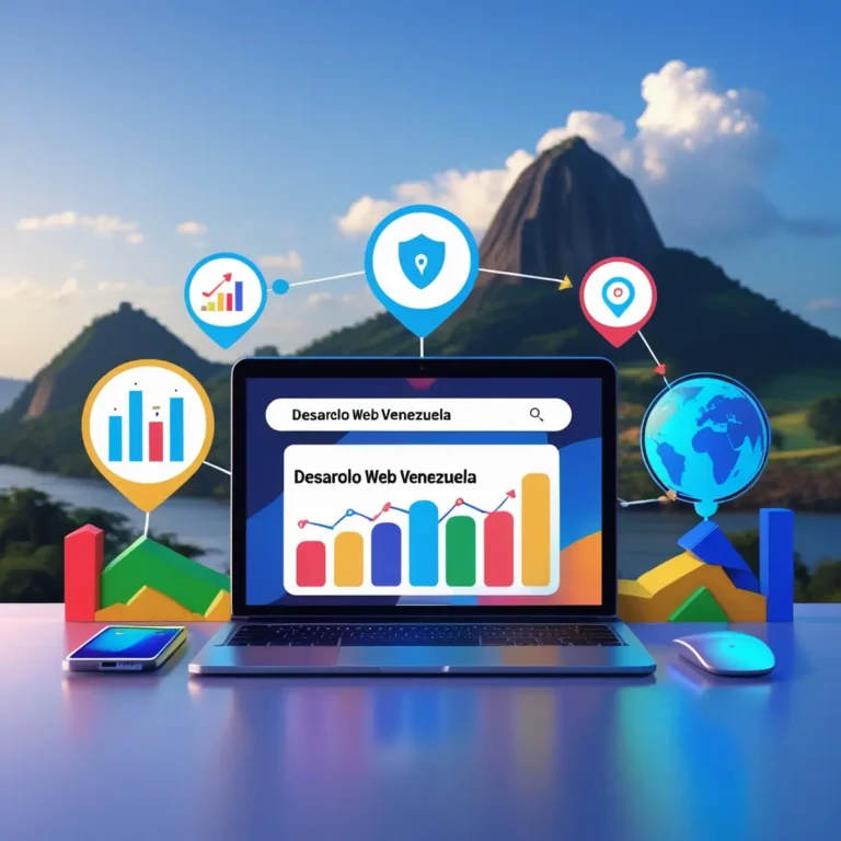 Desarrollo Web WordPress Venezuela: Diseño profesional con elementos de la bandera venezolana, código HTML/CSS y paisajes como el Cerro Ávila. Optimizado para SEO y seguridad web.
